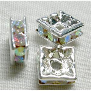 Square Bead with middle-east Rhinestone, AB-Color, silver plated, 5x5mm