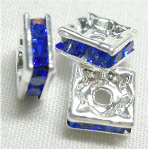 deep blue square Bead with middle-east Rhinestone, silver plated, 6x6mm