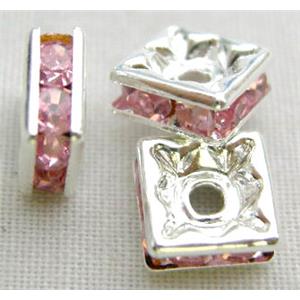 pink square Bead with middle-east Rhinestone, silver plated, 6x6mm