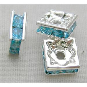 Aquamrine Square Middle East Rhinestone Beads, silver plated, 6x6mm
