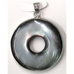 Paua Abalone shell pendant, donut, grey, 36mm dia
