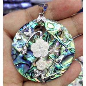 Paua Abalone shell pendant, round, approx 40mm dia
