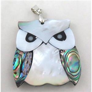 Paua Abalone shell Owl pendant, approx 37x47mm