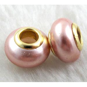 pearlized shell beads, rondelle, pink, approx 14mm dia, hole:5mm