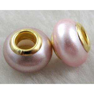 pearlized shell beads, rondelle, pink, approx 14mm dia, hole:5mm