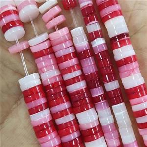 Shell Heishi Beads, red and white, approx 2x4mm