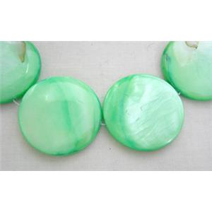 freshwater shell beads, flat-round, green, 35mm dia, 11bead per st