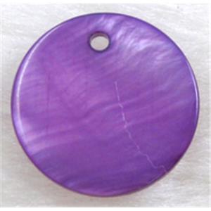freshwater shell pendant, flat-round, purple, 15mm dia
