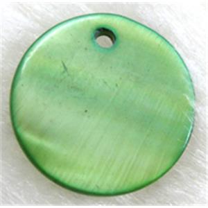 freshwater shell pendant, flat-round, green, 15mm dia