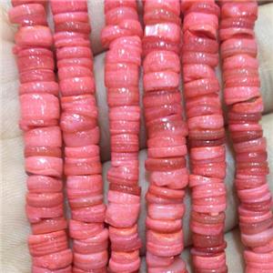 Shell heishi beads, red dye, approx 5-6mm, 2-2.5mm thickness