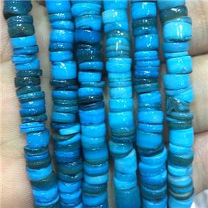 Shell heishi beads, blue dye, approx 5-6mm, 2-2.5mm thickness