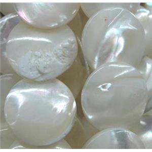 white mother of pearl bead, flat round, approx 15mm dia
