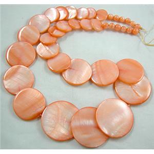17 inches of freshwater shell necklace, pink, big bead:30mm dia, small bead:5.5mm dia