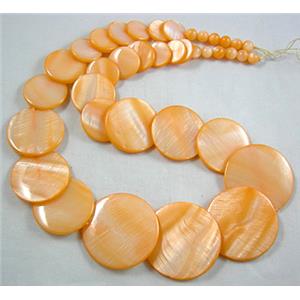 17 inches of freshwater shell necklace, orange, big bead:30mm dia, small:5.5mm dia