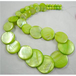 17 inches of freshwater shell necklace, olive, big beads:30mm dia, small:5.5mm dia
