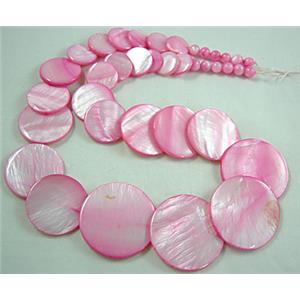 17 inches of freshwater shell necklace, hot-pink, big beads:30mm dia, small:5.5mm dia