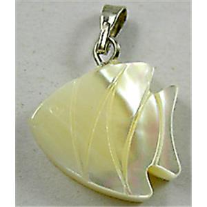 Mother of Pearl pendant, carved, goldfish, yellow, 15x16mm