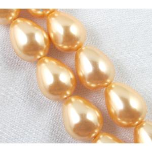 Pearlized Shell Beads, teardrop, golden, approx 12x16mm, 25pcs per st