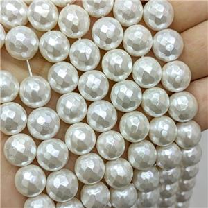 Pearlized Shell Beads, faceted round, white, approx 16mm dia