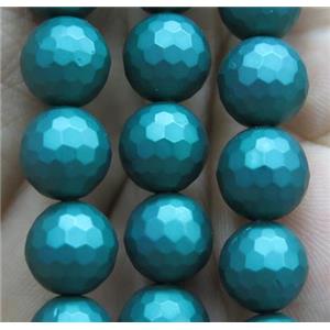 matte pearlized shell beads, faceted round, peacock green, approx 8mm dia