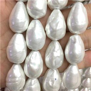 white pearlized shell beads, teardrop, approx 16-25mm