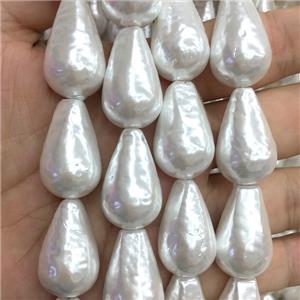 white pearlized shell beads, teardrop, approx 16-25mm