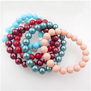 pearlized shell bracelet, stretch, round, mixed, approx 10mm dia