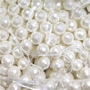 White Pearlized Shell Beads Faceted Round, approx 14mm