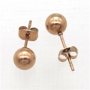 stainless steel Stud Earrings, round ball, rose golden, approx 7mm dia