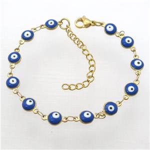 stainless steel bracelet with blue evil eye, resizable, gold plated, approx 6mm, 16-20cm length