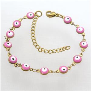 stainless steel bracelet with pink evil eye, resizable, gold plated, approx 6mm, 16-20cm length