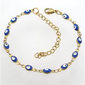 stainless steel bracelet with blue evil eye, Adjustable, gold plated, approx 4-5.5mm, 16-20cm length