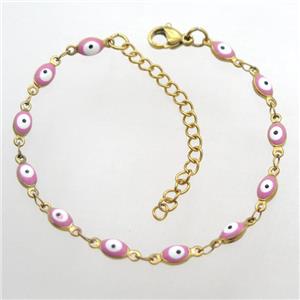 stainless steel bracelet with pink evil eye, Adjustable, gold plated, approx 4-5.5mm, 16-20cm length
