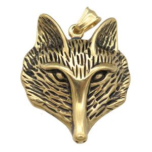 Stainless Steel Foxhead Pendant, Antique Gold, approx 33-40mm