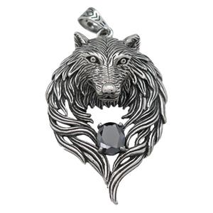 stainless steel wolf pendant, antique silver, approx 45-65mm