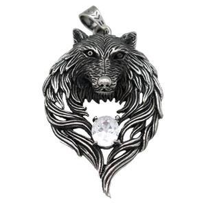 stainless steel wolf pendant, antique silver, approx 45-65mm
