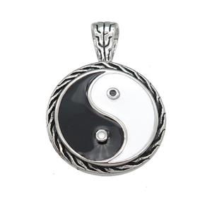 Stainless Steel Taichi Pendant Enamel YinYang Antique Silver, approx 25mm
