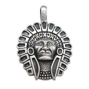 stainless steel Indian Chief Head pendant, antique silver, approx 29-33mm