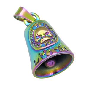 stainless steel Bell pendant, Skull charm, rainbow electroplated, approx 25-28mm