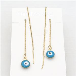 stainless steel Wire Earring with blue enamel Evil Eye, gold plated, approx 1mm, 8mm, 11cm length