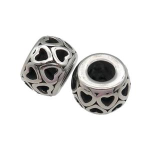 Stainless Steel rondelle Beads, heart, large hole, antique silver, approx 9-12.5mm, 6mm hole