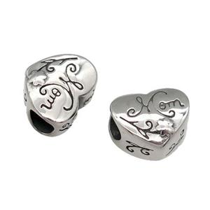 Stainless Steel heart Beads, MOM, antique silver, approx 11-13mm, 5mm hole