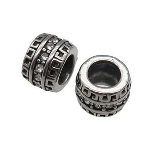 Stainless Steel European Beads Tube Micro Pave Rhinestone, large hole, antique silver, approx 11mm, 6mm hole