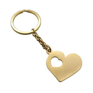 Stainless Steel keychain pendant heart gold plated, approx 30-32mm, 30mm dia