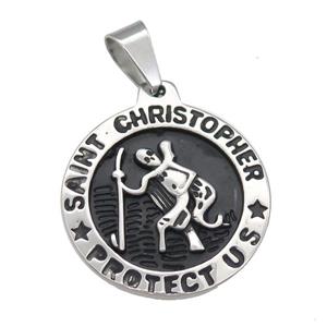 Stainless Steel Christopher medallion charm pendant antique silver, approx 35mm dia