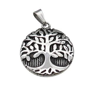 Stainless Steel Pendant Tree Of Life Antique Silver, approx 24mm dia