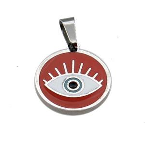 Raw Stainless Circle Eye Pendant Red Enamel, approx 15mm dia