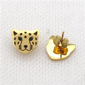 Stainless Steel Stud Earring Tiger Enamel Gold Plated, approx 12mm
