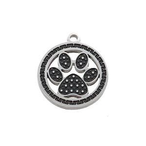 Raw Stainless Steel Paw Charms Pendant Black Enamel, approx 15mm dia