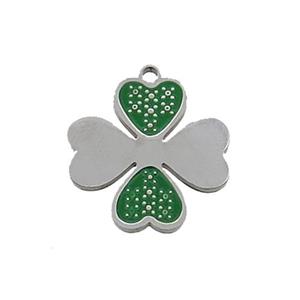 Raw Stainless Steel Clover Charms Pendant Green Enamel, approx 16mm